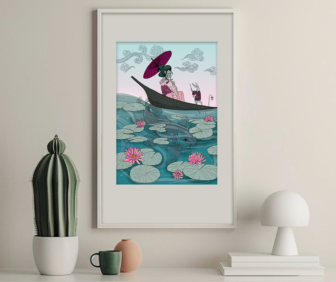 Digitaldruck, fineartprint aus Altona, Fantasiemotiv, Fantasy Comickunst, Japanisch, Katzenfrau, Plakat, Poster, Koi Katze