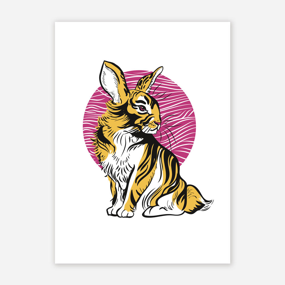 Kunstdruck, Siebdruck, Wandekoration, Tigerhase, Illustration von einem Hasen mit Tigermuster, Hase mit Tigermuster, Bunnytiger, Handarbeit, Handgerakelt
