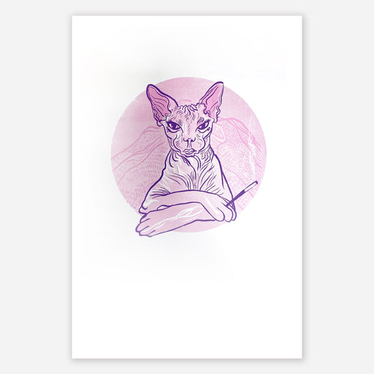 Kunstdruck, Nacktkatze, Rosa Katze, rauchende Katze, Artprint, Siebdruck, Handarbeit, Rosa Lila